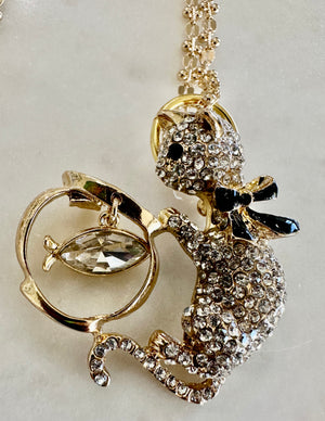 Gold Rhinestone Kitty Pendent on Gold Chain w/ Rhinestone Earrings