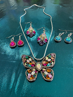 Rhinestone Butterfly Pendent Necklace & Three Earring Selections