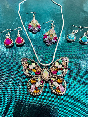 Rhinestone Butterfly Pendent Necklace & Three Earring Selections