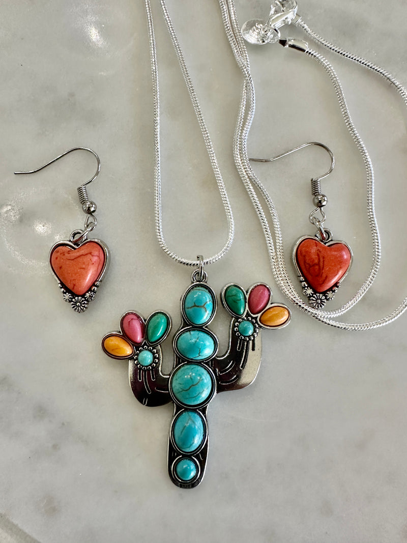 Silver Cactus Beaded Pendent & Silver Terracotta Heart Earrings