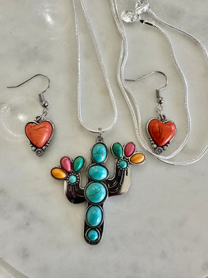 Silver Cactus Beaded Pendent & Silver Terracotta Heart Earrings