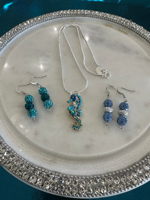 Rhinestone Seahorse Pendent w/ Two Beaded Earring Choices
