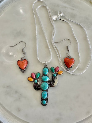 Silver Cactus Beaded Pendent & Silver Terracotta Heart Earrings