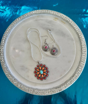 Silver Concho Pendent w/ Turquoise, Orange & Red & Silver Concho Earrings