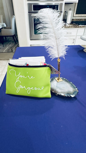 Lime Green "You're Gorgeous" Makeup Bag filled w/ Handmade Cards