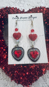 Dangly Red Heart Beaded Earrings w/ Gold Rhinestone Heart Medallions