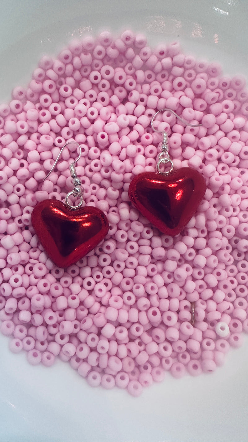 Shiny Red Heart Earrings on Hypoallergenic Silver Wires