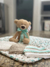 White, Mint Green & Beige Bernat Blanket Soft Afghan, Beanies & Bear Set