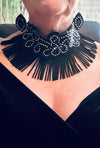 Black Leather Necklace w/ Rhinestone Trim and Faux Leather Fringe & Matching Leather Earrings