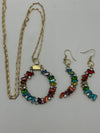 Multi-Colored Round Rhinestone Pendent w/Matching C-Shaped Earrings