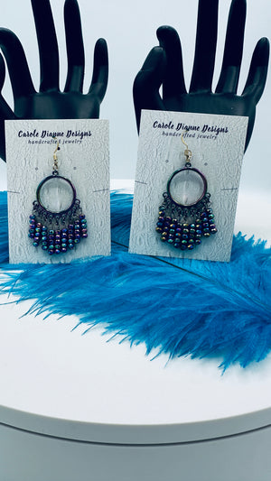 Hand Beaded Peacock Color Earrings on Metallic Hoops
