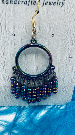 Hand Beaded Peacock Color Earrings on Metallic Hoops