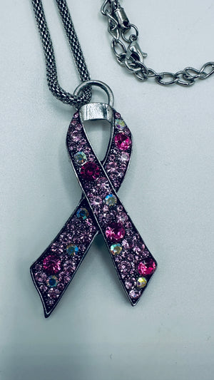 Breast Cancer Awareness Pink Rhinestone Ribbon Necklace