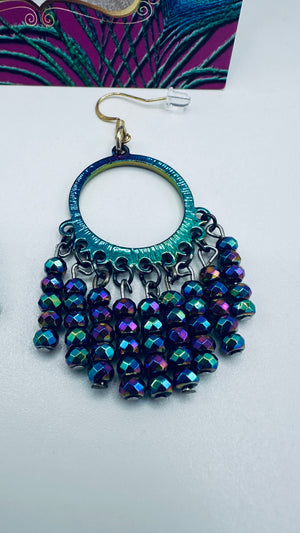 Hand Beaded Peacock Color Earrings on Metallic Hoops