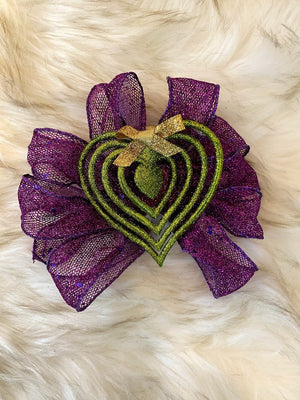 Purple Mesh Bow W/Green Sparkly Heart, Gold Bow & Gold Rhinestone Hanger