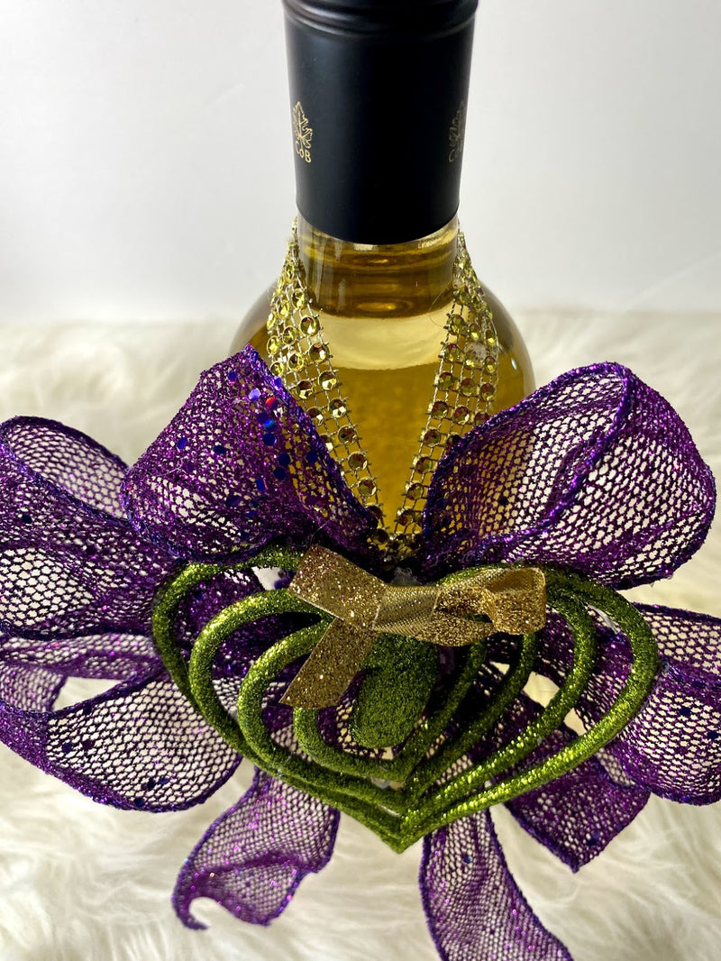 Purple Mesh Bow W/Green Sparkly Heart, Gold Bow & Gold Rhinestone Hanger