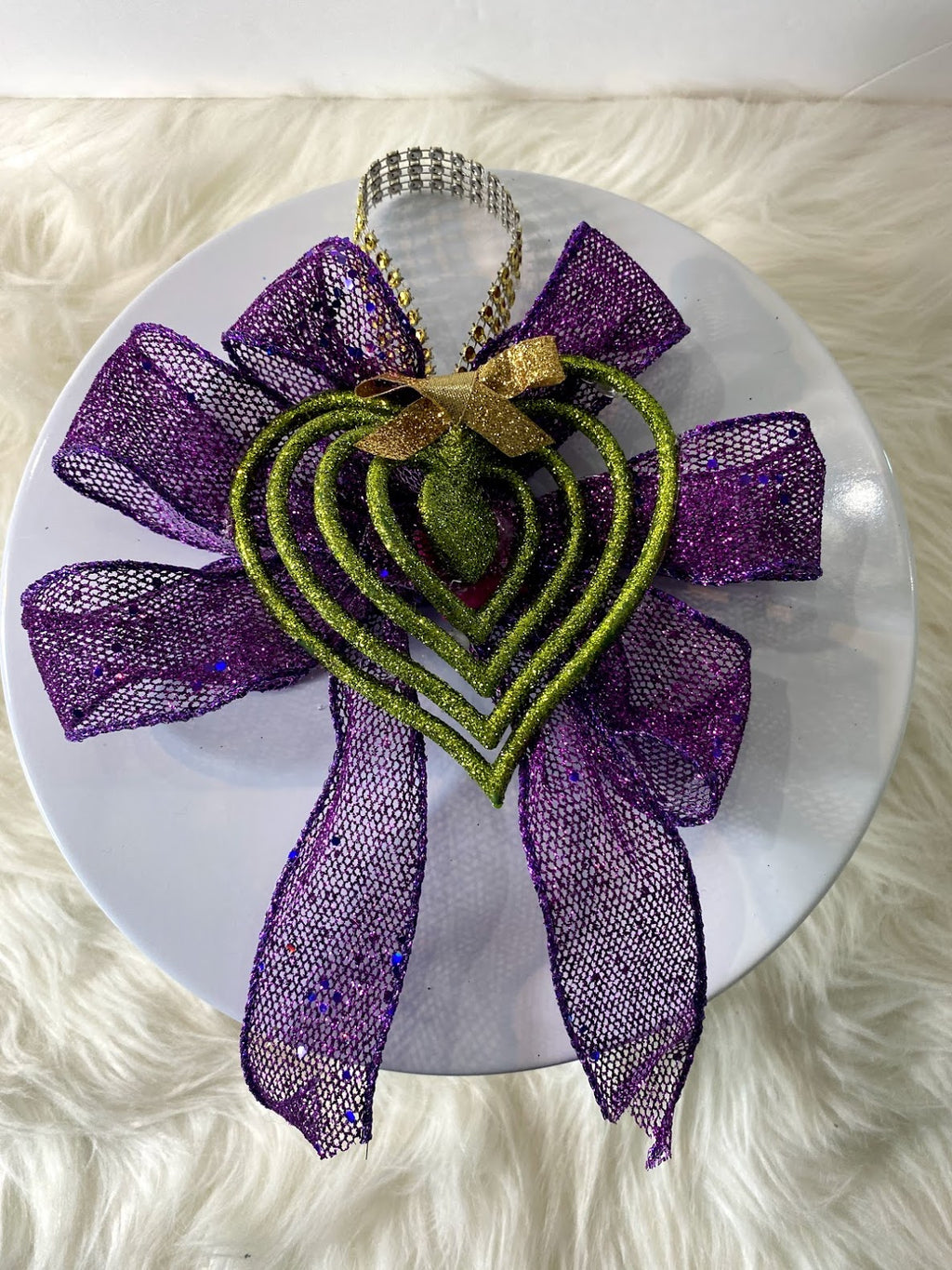 Purple Mesh Bow W/Green Sparkly Heart, Gold Bow & Gold Rhinestone Hanger