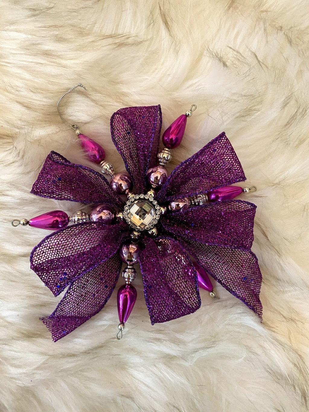 Purple Mesh Bow W/ Hot Pink, Pink & Silver Snowflake & Silver Rhinestone Center