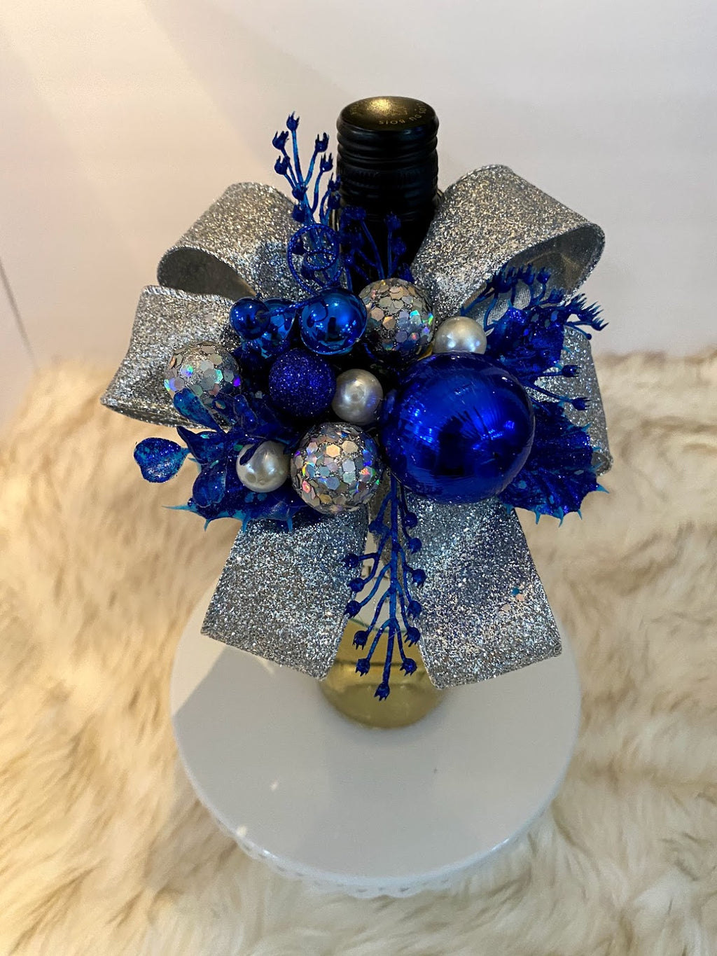 Silver Sparkly Bow W/ Royal Blue, Silver Sparkle & Pearl Embellishments