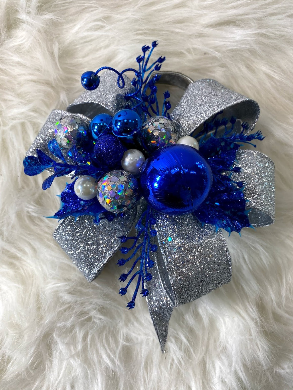 Silver Sparkly Bow W/ Royal Blue, Silver Sparkle & Pearl Embellishments