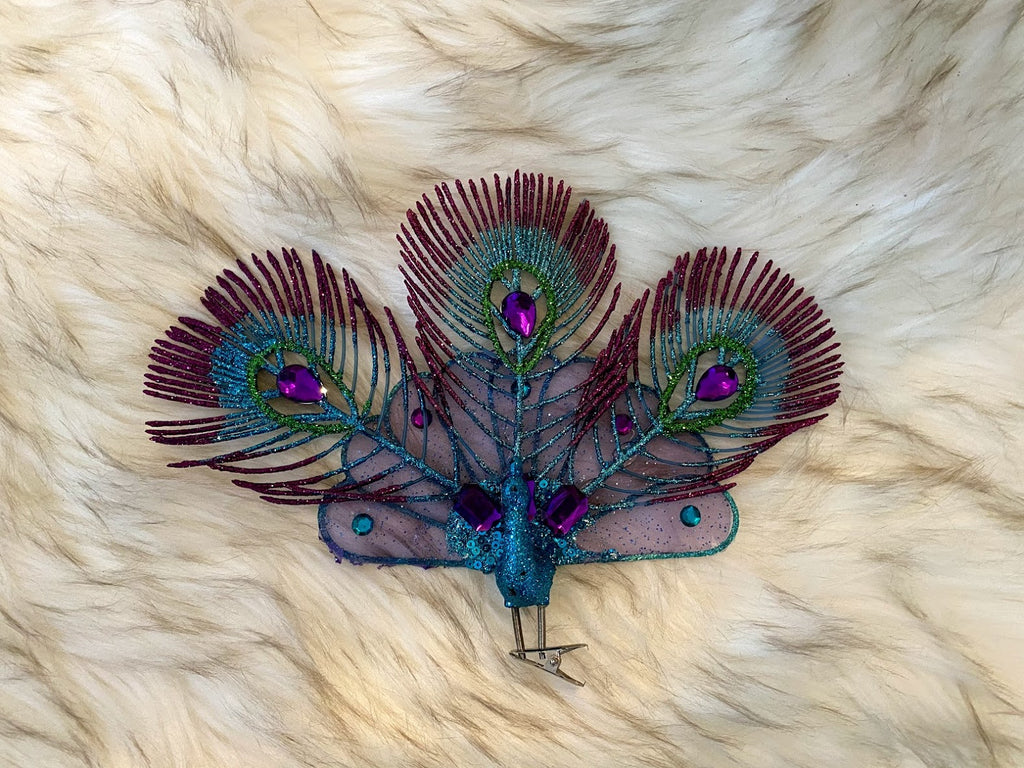 Turquoise Peacock Accented W/Purple Sparkly Bow & Purple Rhinestones