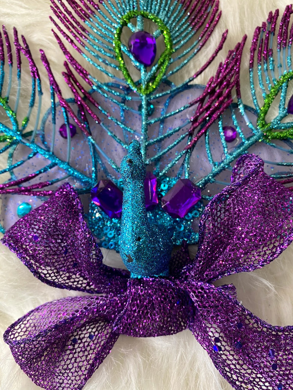 Turquoise Peacock Accented W/Purple Sparkly Bow & Purple Rhinestones