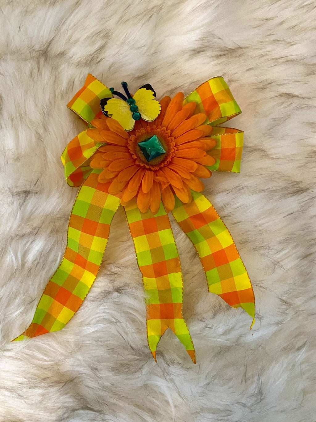 Orange, Lime Green & Yellow Bow Accented W/Orange Daisy w/ Green Rhinestone Center & Butterfly