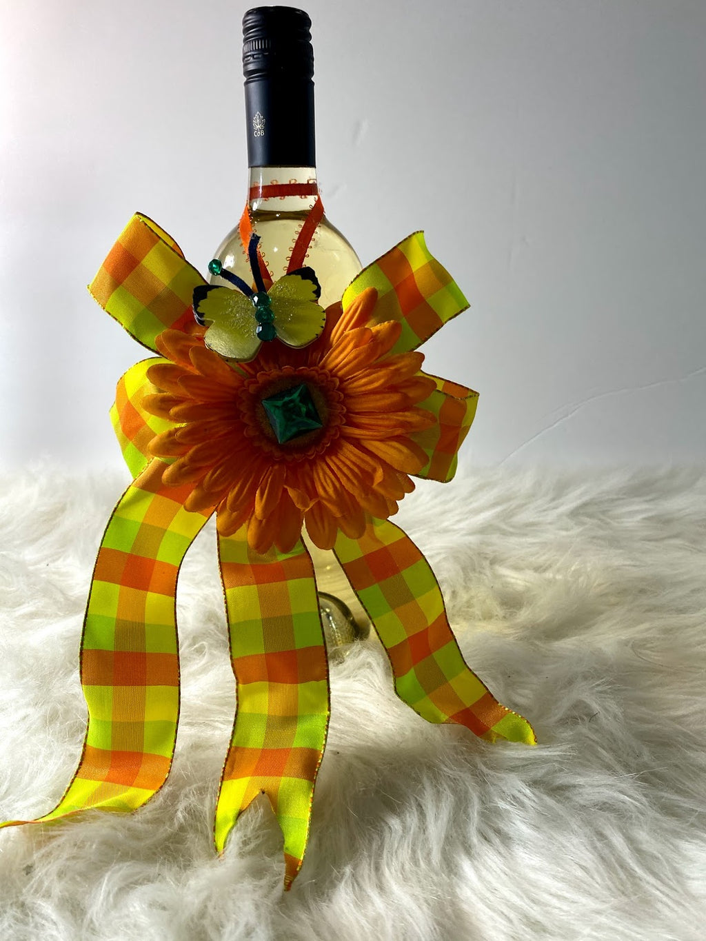 Orange, Lime Green & Yellow Bow Accented W/Orange Daisy w/ Green Rhinestone Center & Butterfly