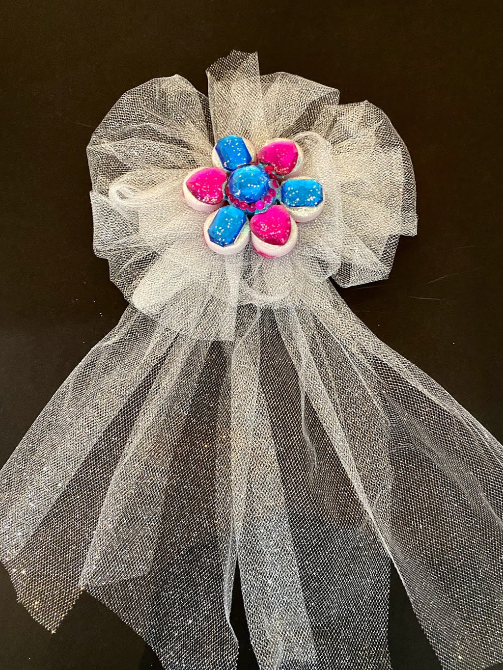 White Nylon Bow W/Hot Pink & Turquoise Flower Center & Clip