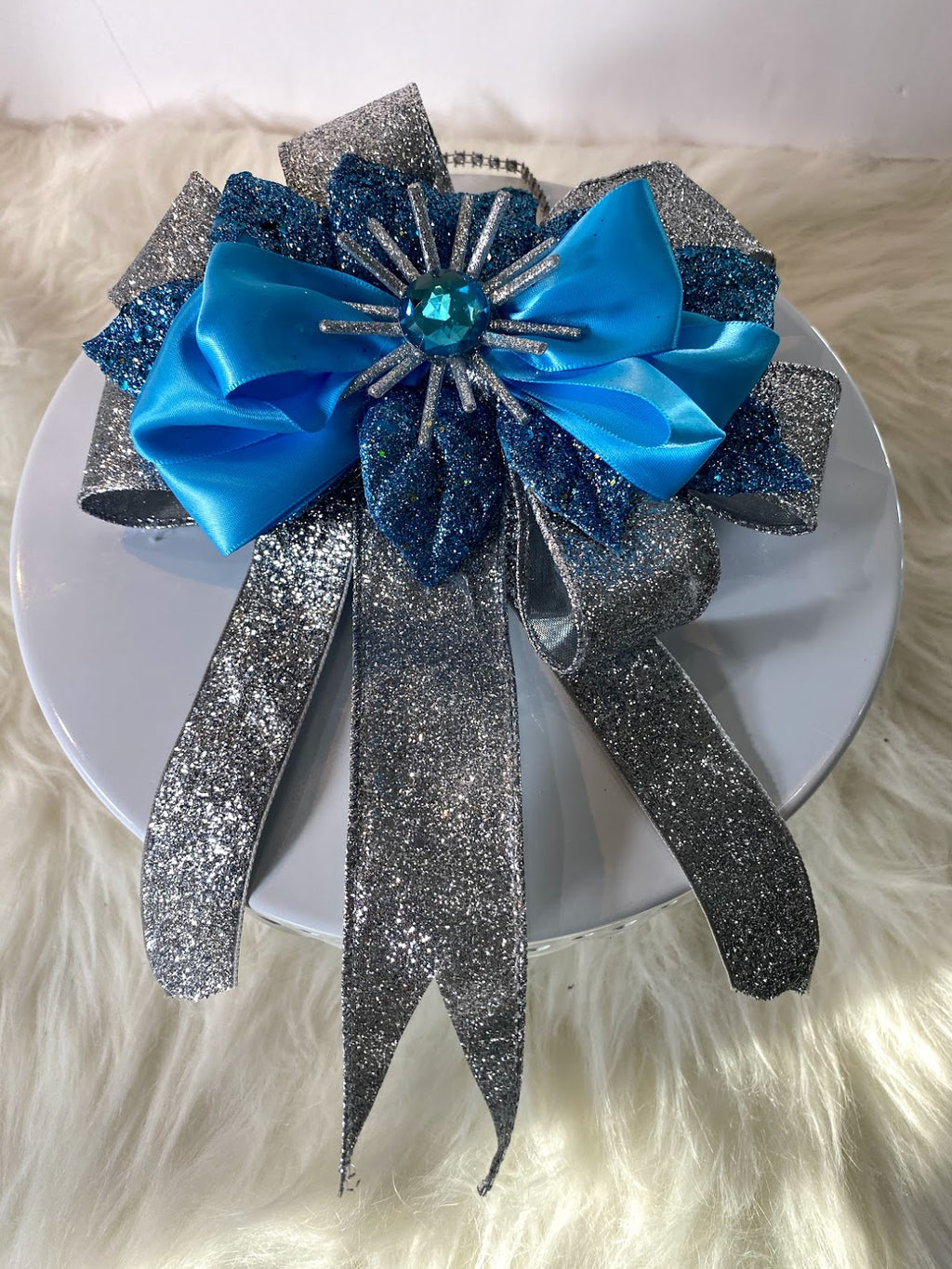 Turquoise & Silver Bow W/Silver Starburst & Turquoise Rhinestone