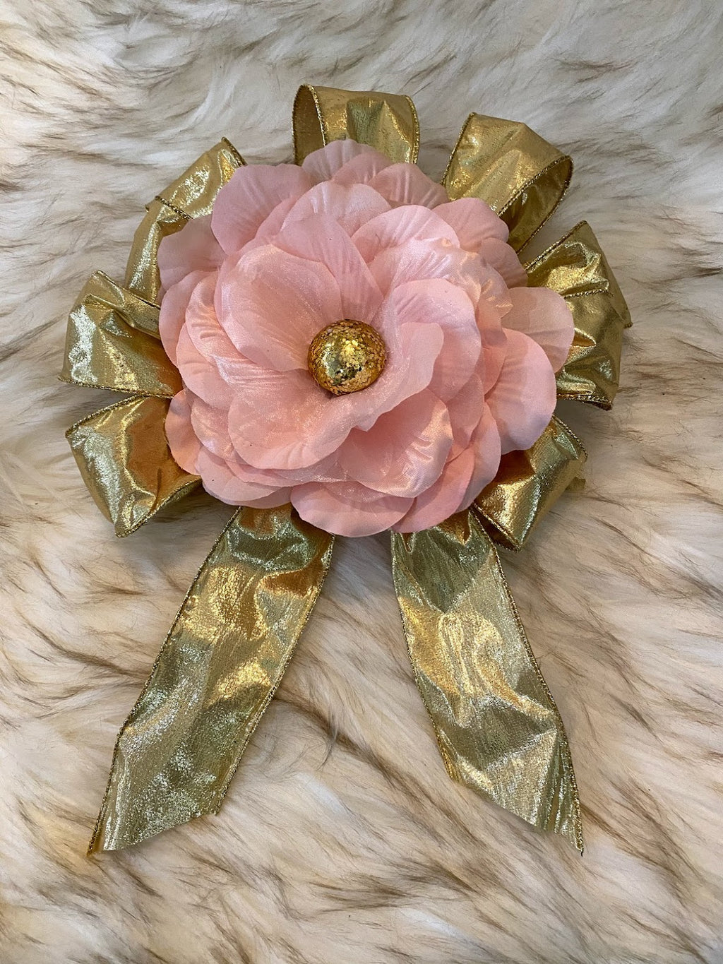 Metallic Gold Bow W/Large Pink Flower & Gold Sparkly Center