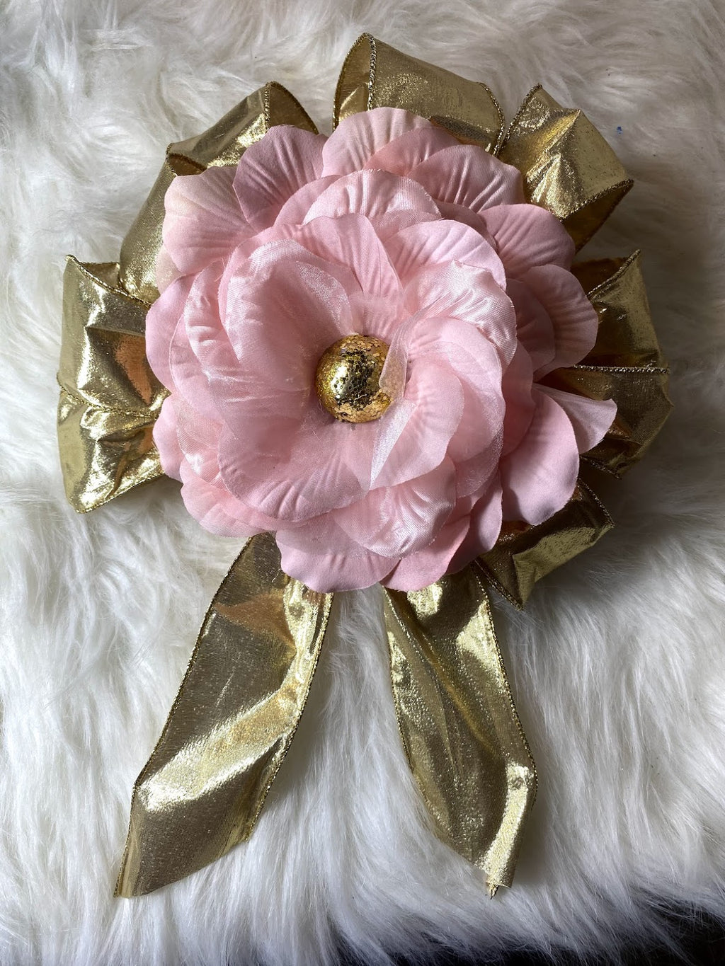 Metallic Gold Bow W/Large Pink Flower & Gold Sparkly Center