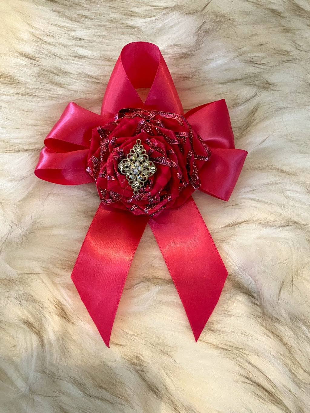 Hot Pink Bow Embellishment W/Rosette & Rhinestone Center