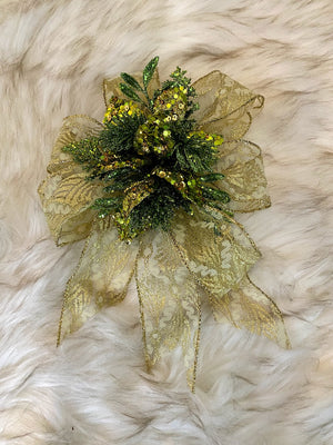 Gold Sparkly Floral Bow w/ Green & Gold Embellishment in Center