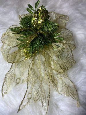 Gold Sparkly Floral Bow w/ Green & Gold Embellishment in Center