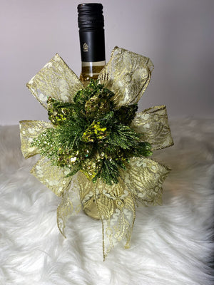 Gold Sparkly Floral Bow w/ Green & Gold Embellishment in Center