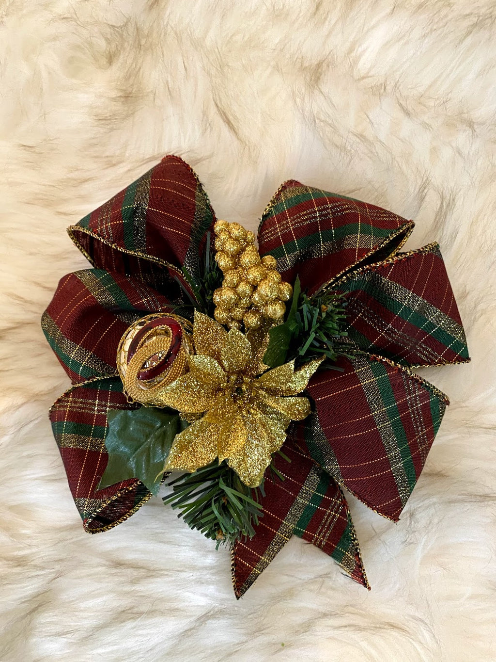 Maroon, Gold & Green Plaid Floral Bow