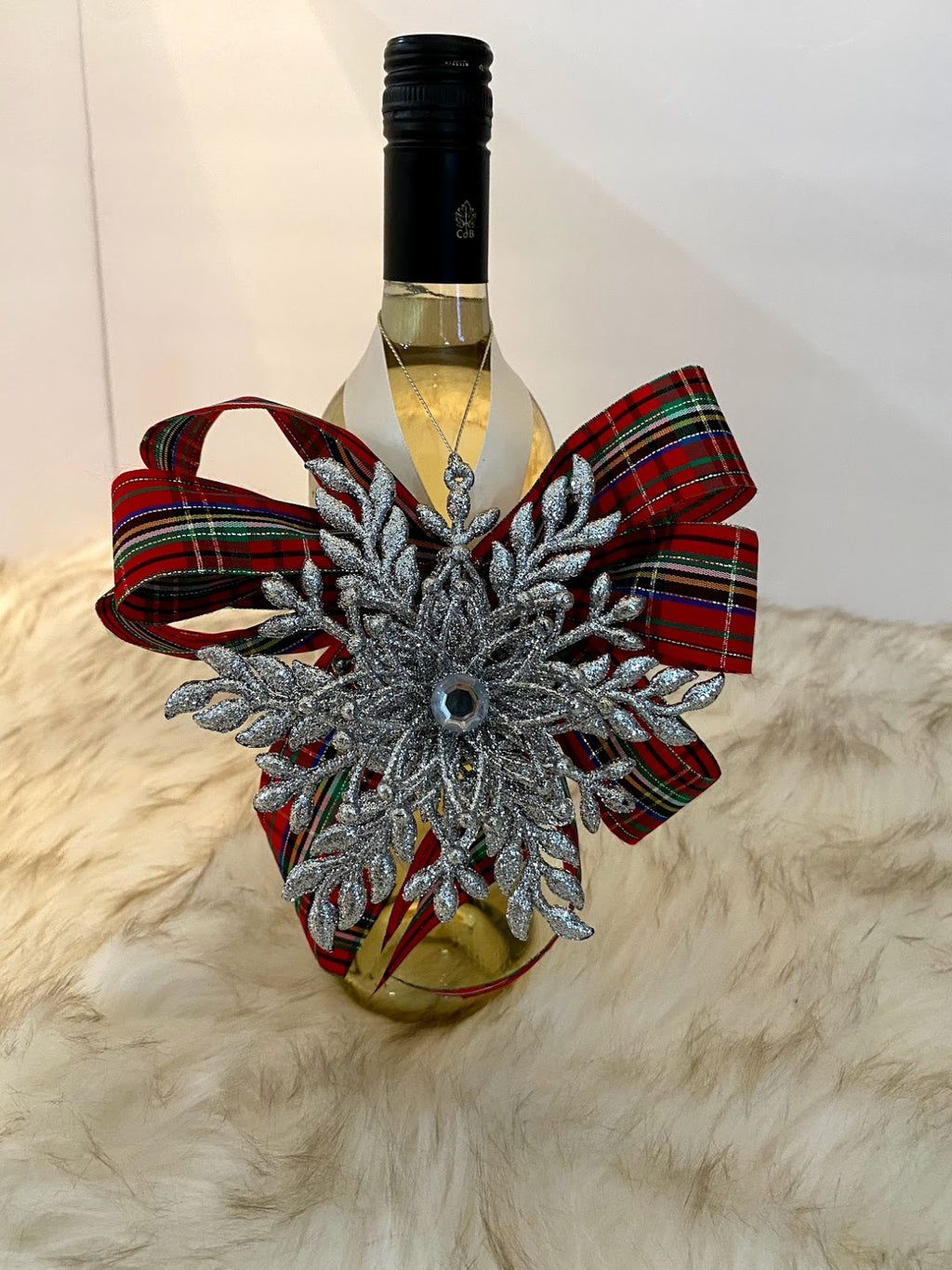 Red Plaid Floral Bow w/Silver Sparkly 3-D Snowflake