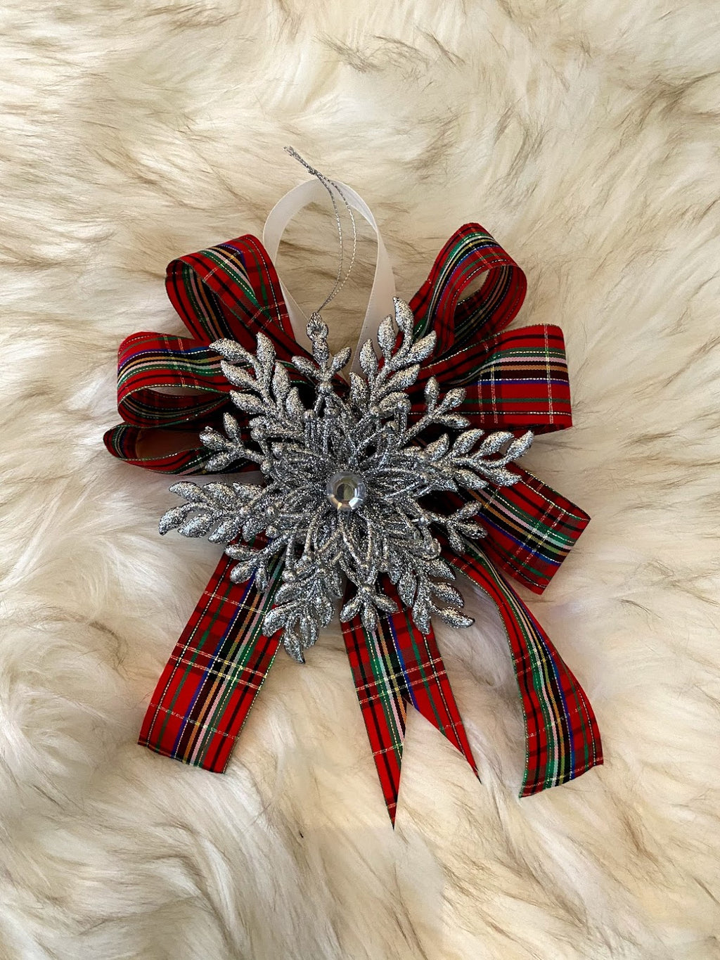 Red Plaid Floral Bow w/Silver Sparkly 3-D Snowflake