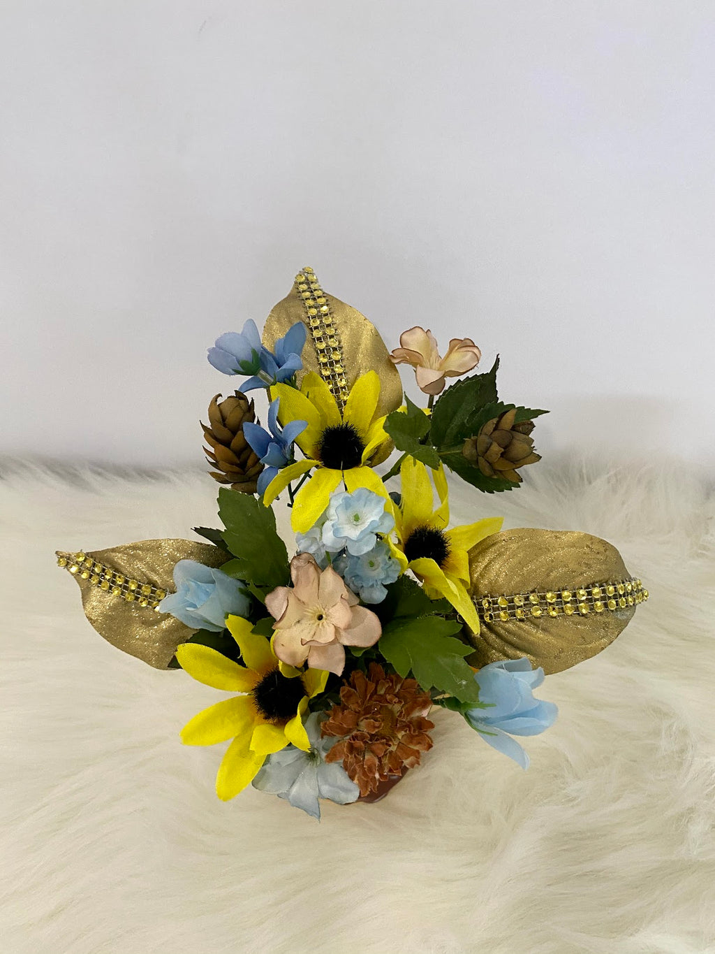 Floral Arrangement w/Yellow Sunflowers, Blue, Beige & Brown Flowers...