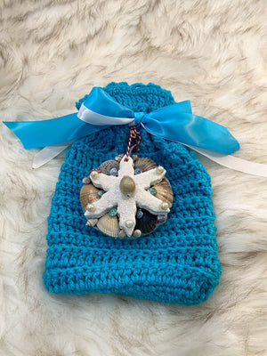 Turquoise Gift Bag W/Turquoise Bow & Seashell Embellishment