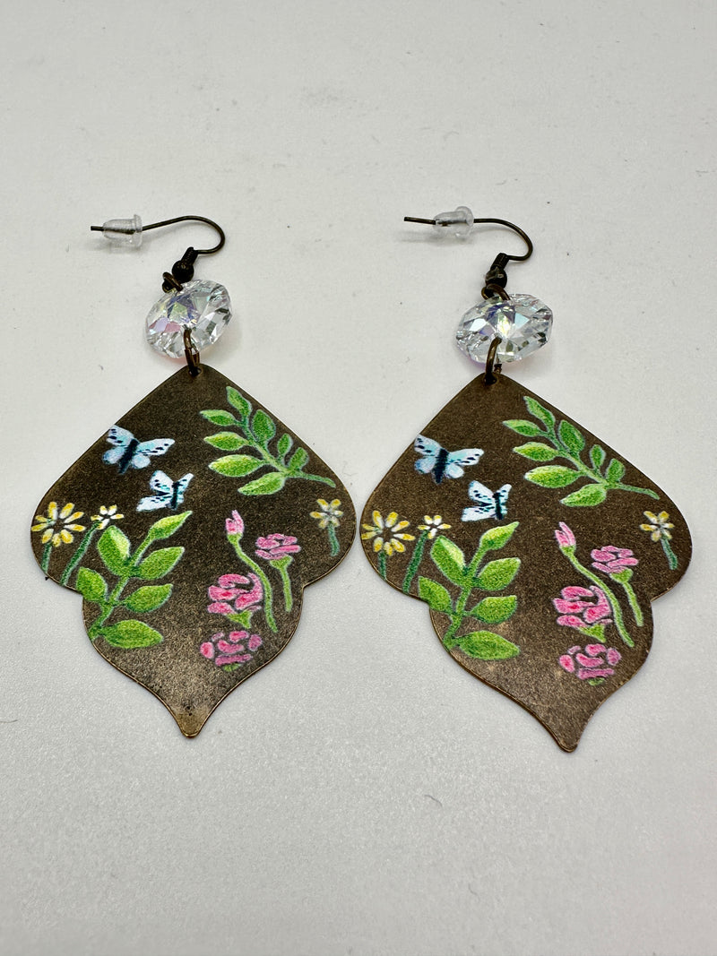 Brown Hand Painted Floral Hypoallergenic Metal Earrings w/ Blue Rhinestone Earrings