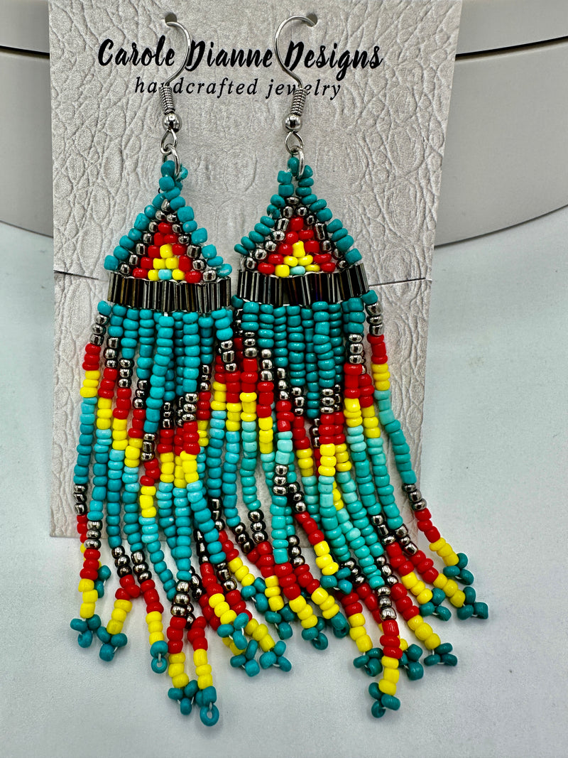 Turquoise & Red Hand Beaded Hypoallergenic Earrings