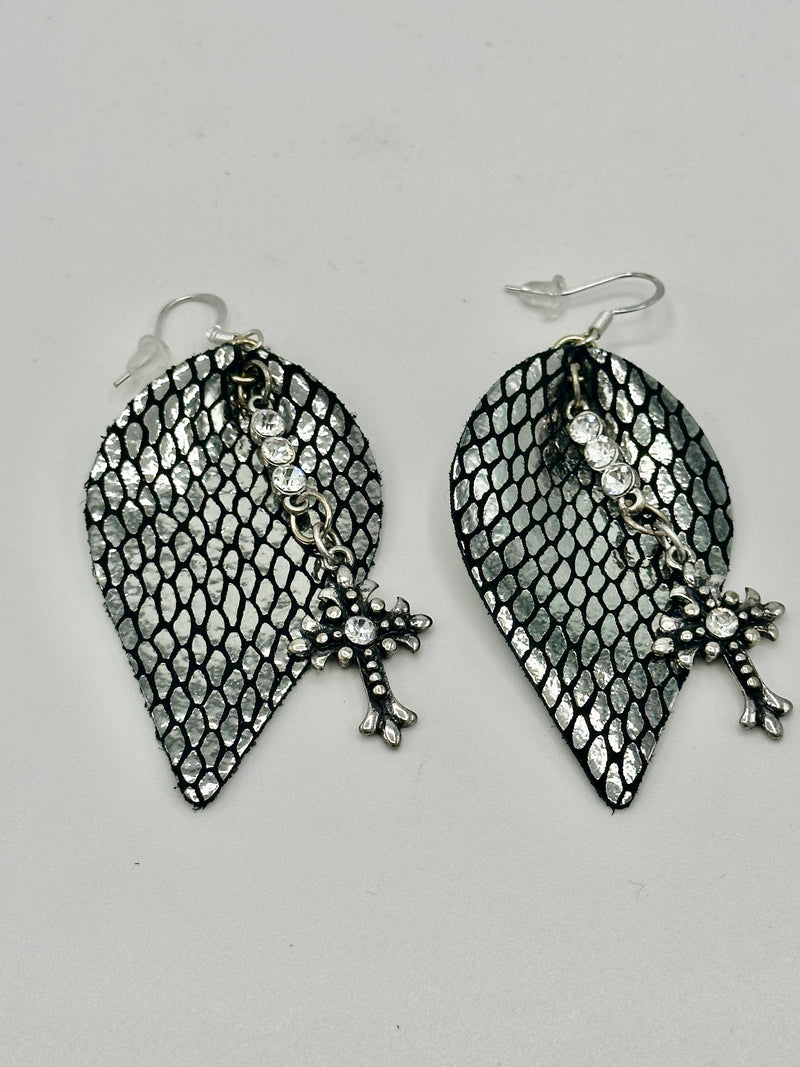 Silver & Black Snake Skin Leather Earrings w/ Cross Pendents