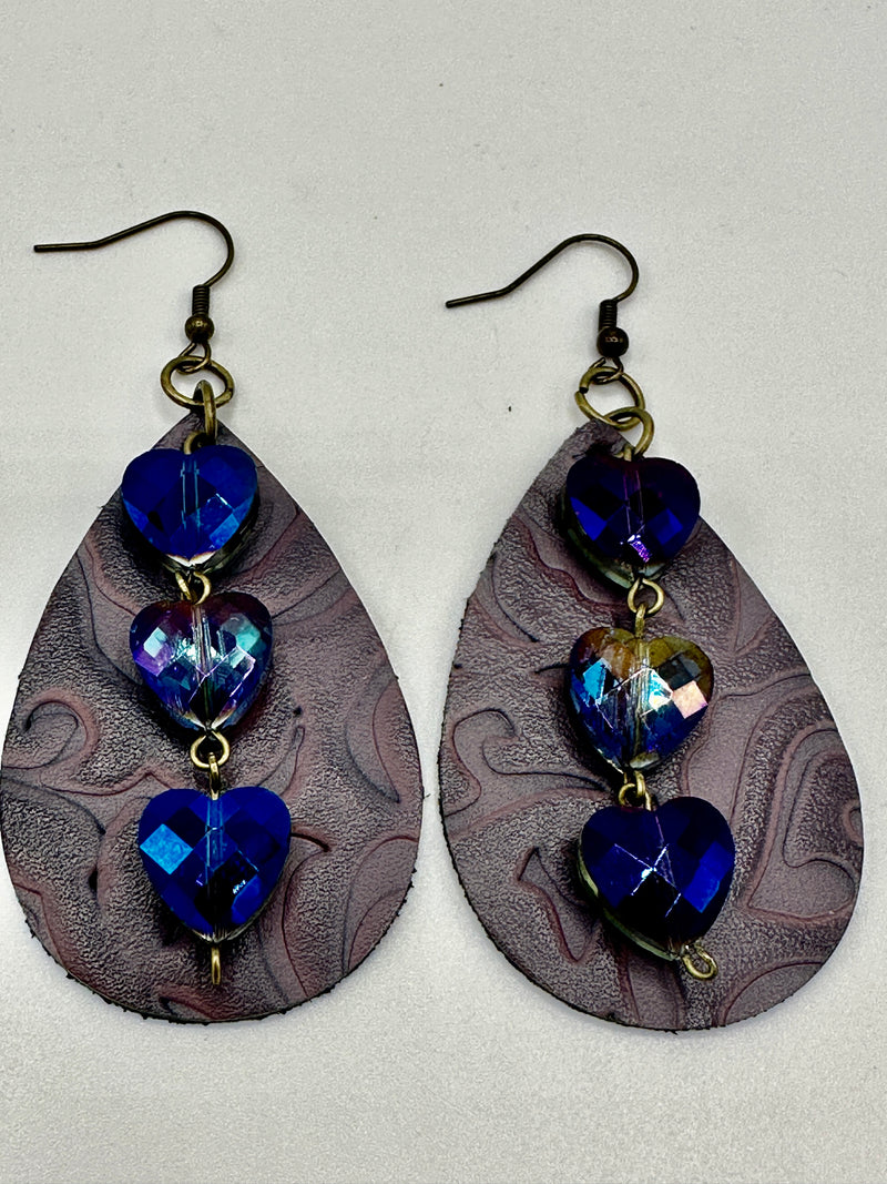 Plum Stamped Leather Earrings w/ Purple Beads
