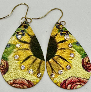 Leather Sunflower Earrings w/ Swarovski Crystals