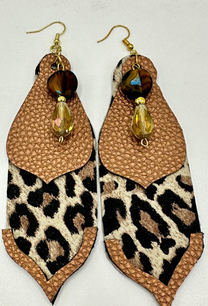 Leopard & Copper Leather Earrings w/ Beaded Embellishments