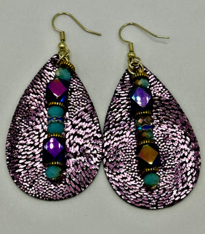 Purple Snake Skin Leather Earrings w/ Beads
