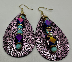 Purple Snake Skin Leather Earrings w/ Beads