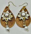 Copper Leather Hypoallergenic Earrings w/ Rhinestone & Pearl Medallion